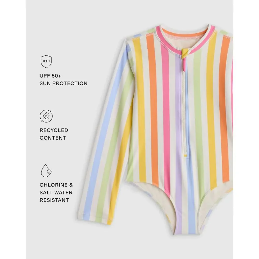 NWT Quince Long Sleeve Zip-Up Swimsuit Rashguard Rainbow Stripe  UPF 50+ Size 6